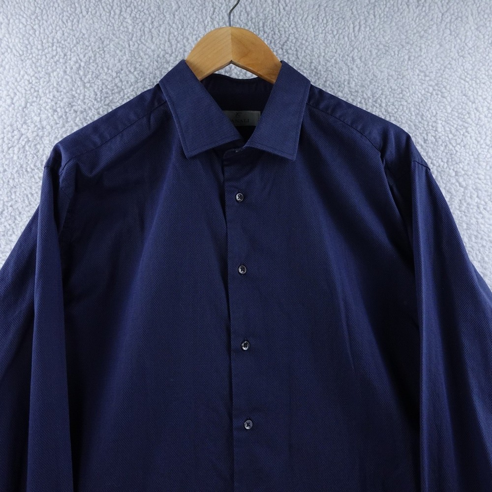 Canali 1934 Mens Navy Blue Textured Dress Shirt 18-46 Made in Italy Cotton