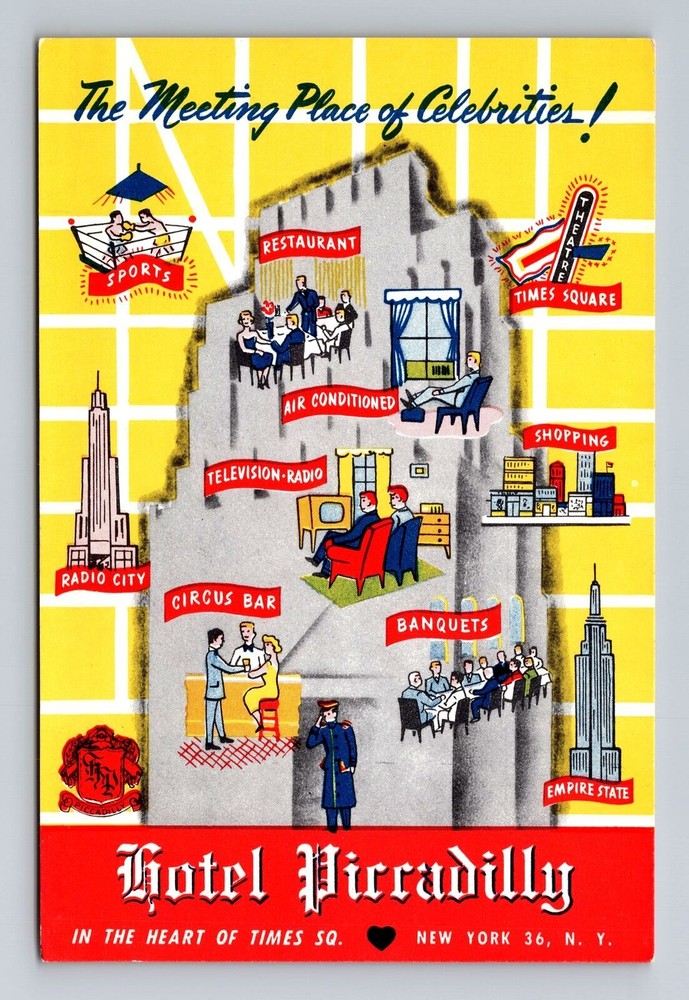 New York City, Hotel Piccadilly, Advertising, Antique Souvenir Vintage Postcard