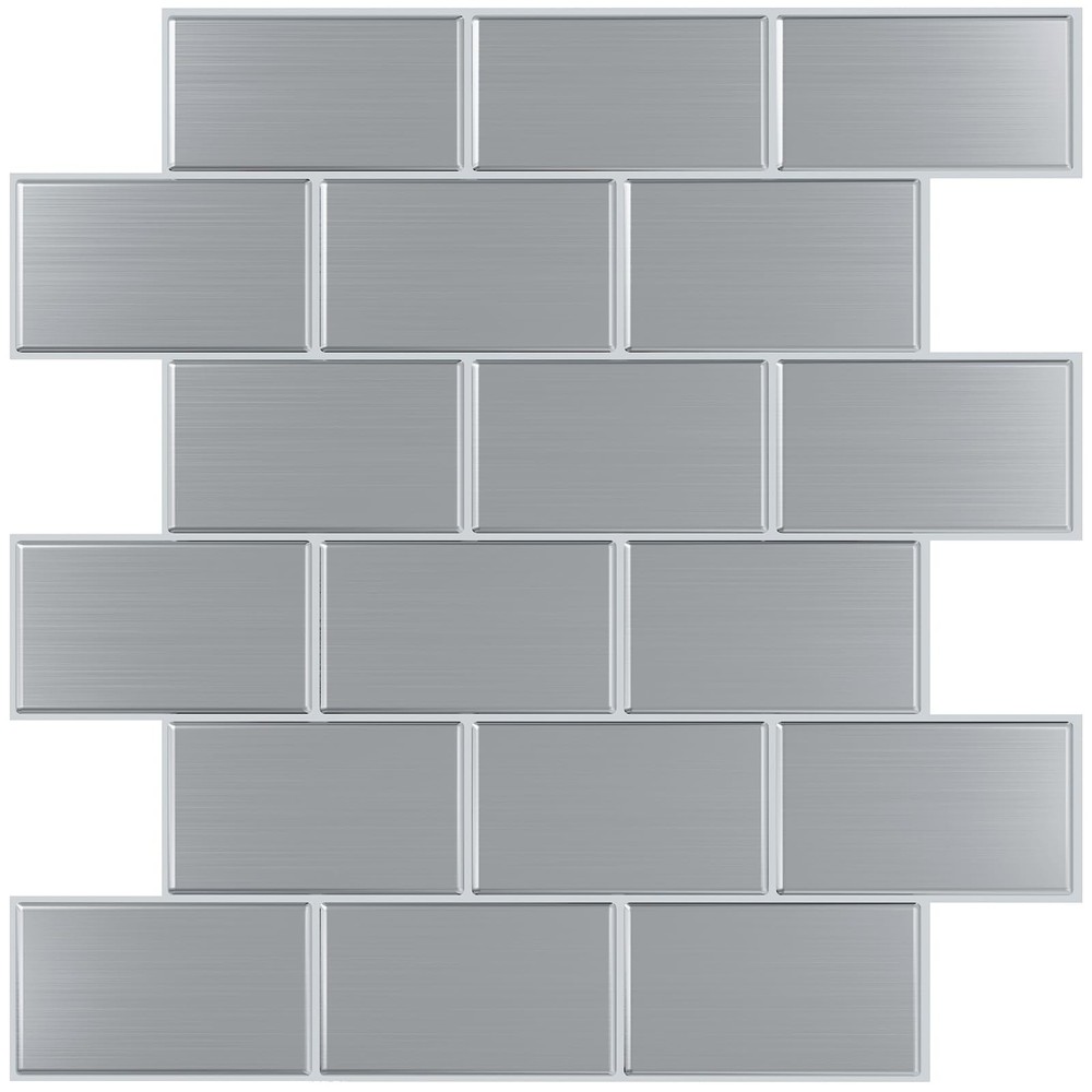 Brushed Silver Peel and Stick Backsplash Tiles for Kitchen Bathroom 16 Sheets Self-Adhesive