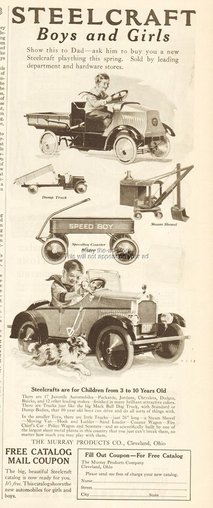1925 Steelcraft Pedal Car Coaster Wagon Dump Truck Murray Products Cleveland Ad
