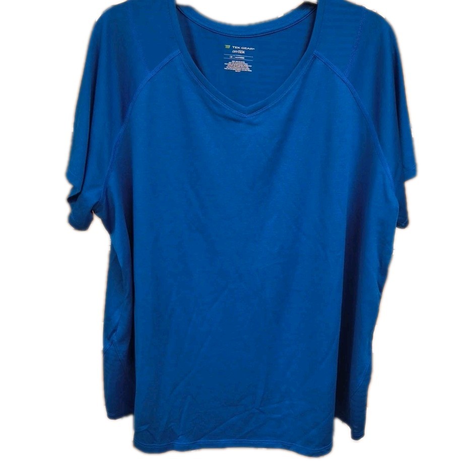 Tek Gear Shirt Womens 1X Blue DryTek V-Neck Short Sleeve Athletic Mesh Workout