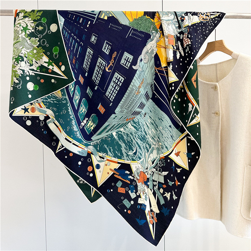 60% Cashmere 40% Silk Stole with Boat Print Dual-Sided Shawl 53 Inches