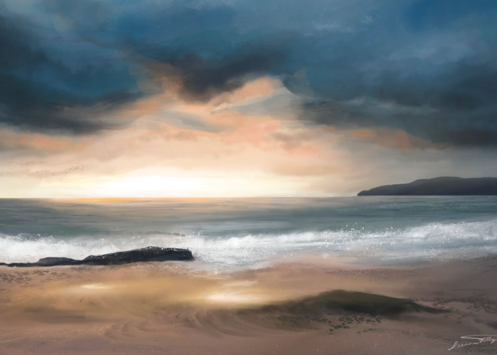 ACEO PRINT Stormy Cloudy Ocean Coast Landscape Sunset Dusk Oil Painting 3.5x2.5