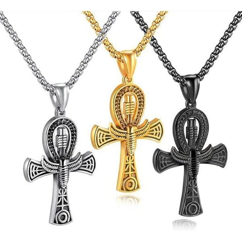 Ancient Egyptian Ankh Cross Pendant Necklace Stainless Steel Gold Tone Jewelry
