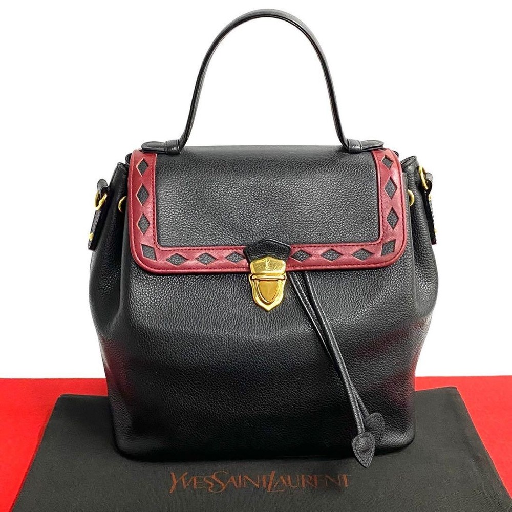 YSL Logo Cutout Leather Handbag Black Used