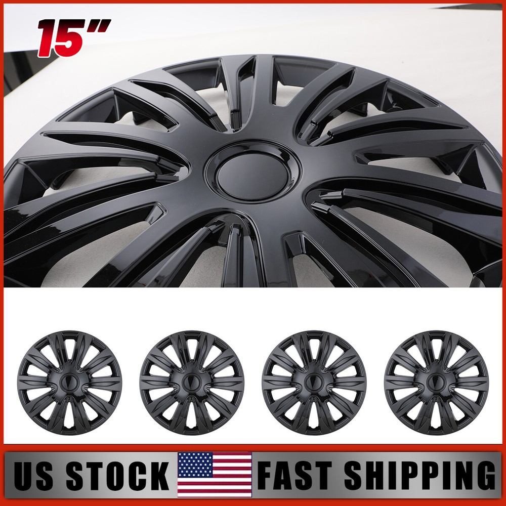 15 Inch 4Pc Black Wheel Covers Snap On Full Hub Caps For R15 Tire & Steel Rim