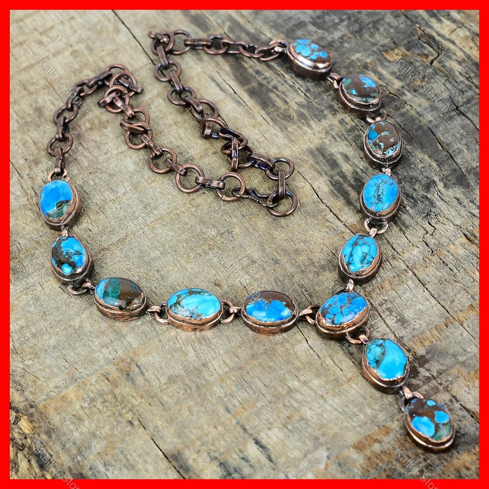 Oval Tibetan Turquoise Copper Electroformed Bezel Handmade Chain Necklace
