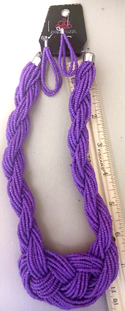 NEW ! BEAUTIFUL PAPARAZZI  PURPLE BEADED NECKLACE + MATCHING DANGLING EARRINGS