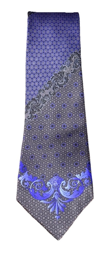Versace 1990s Silk Tie Charcoal Purple Medusa Baroque Acanthus Made in Italy