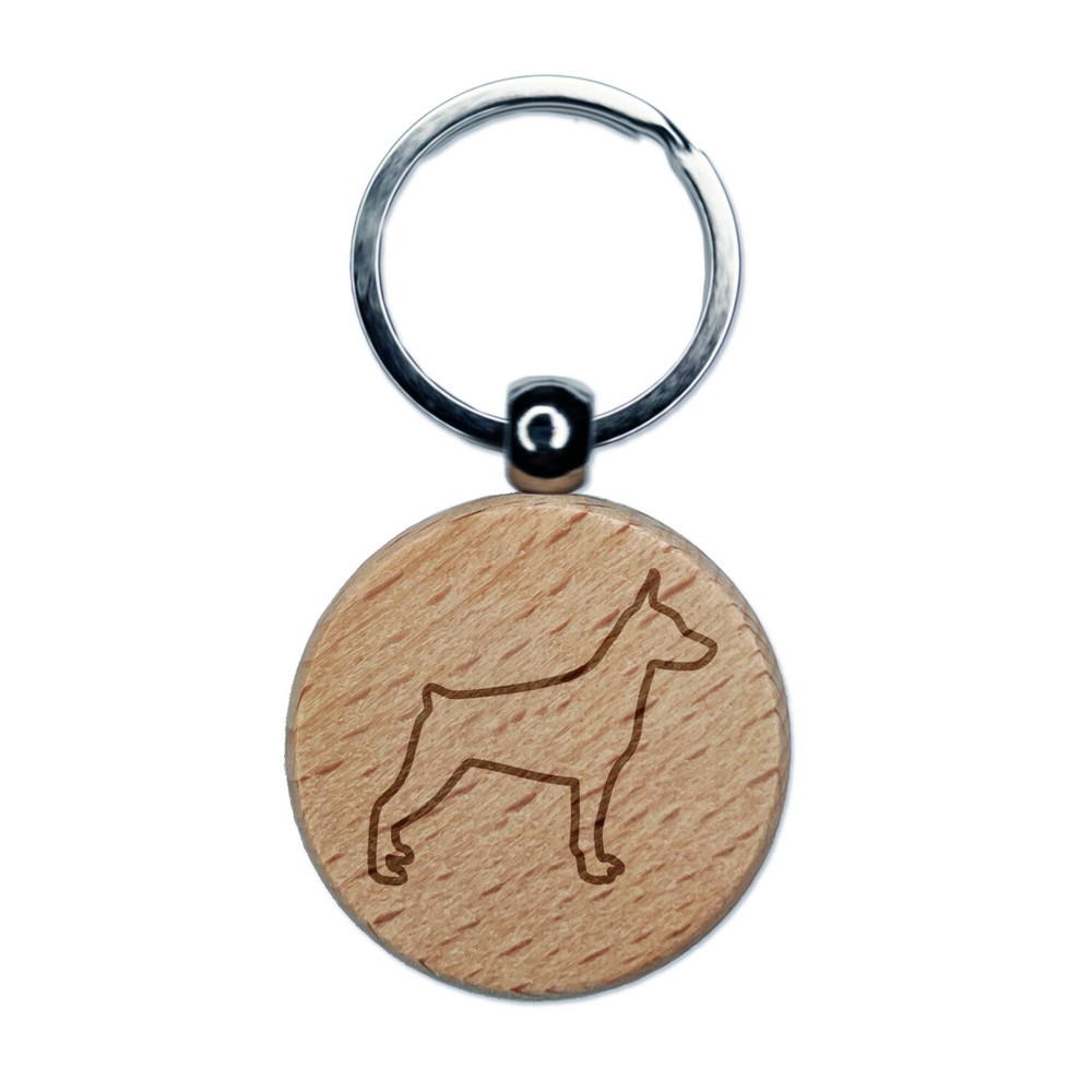 Miniature Pinscher Min Pin Dog Outline Engraved Wood Round Keychain Tag Charm