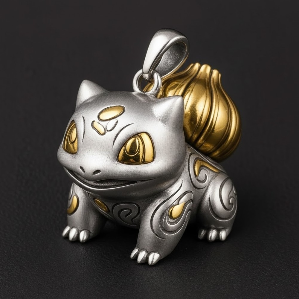 925 Sterling Silver Two Tone Plant Creature Animal Inspired Bulbasaur Pendant