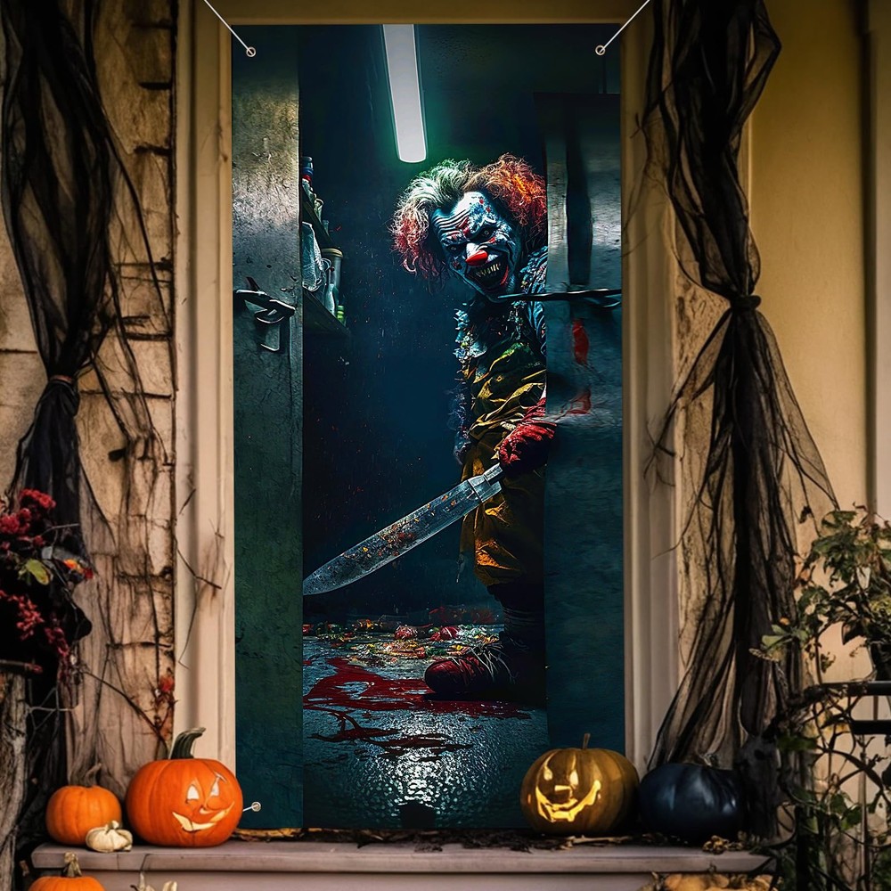 Halloween Door Cover Decorations Large Fabric Joker Clown Banner Black