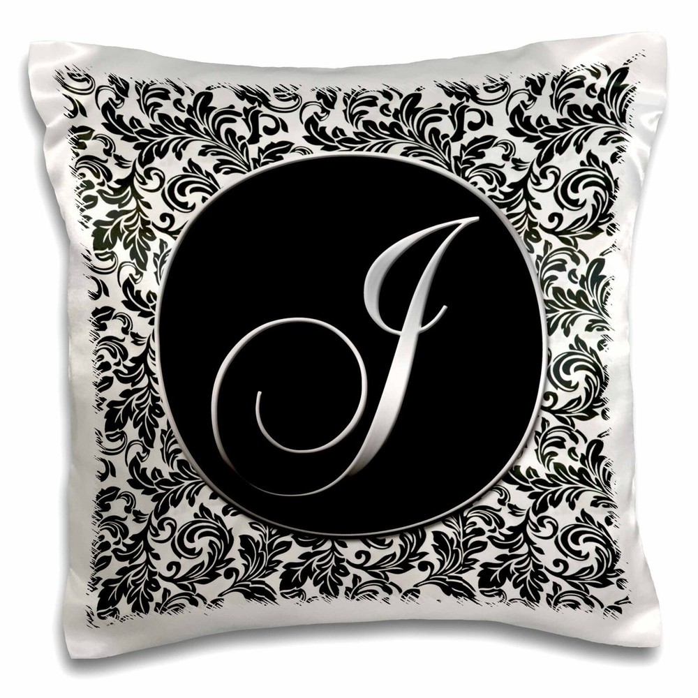 Black and White Damask Letter J 16x16 Pillow Case by 3dRose  