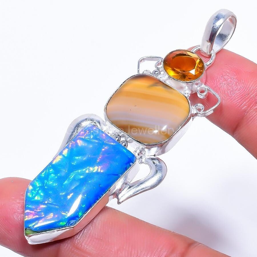 925 Sterling Silver Australian Triplet Opal Gemstone Lace Agate Birthday Pendant