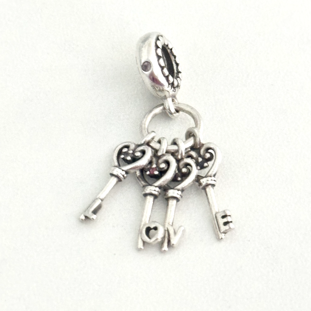 Pandora Sterling Silver Keys Of Love CZ Retired Heart Scroll Bead Dangle Charm