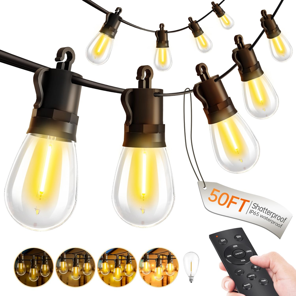 Outdoor-String-Lights-Patio-Led-Light-Outside 50Ft 15M Waterproof Remote Dimmabl