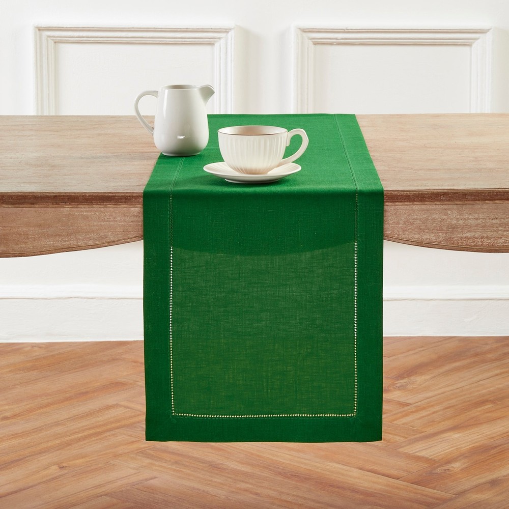 Solino Home Linen Table Runner 14 x 108, Fall, Garden Green, Classic Hemstitch