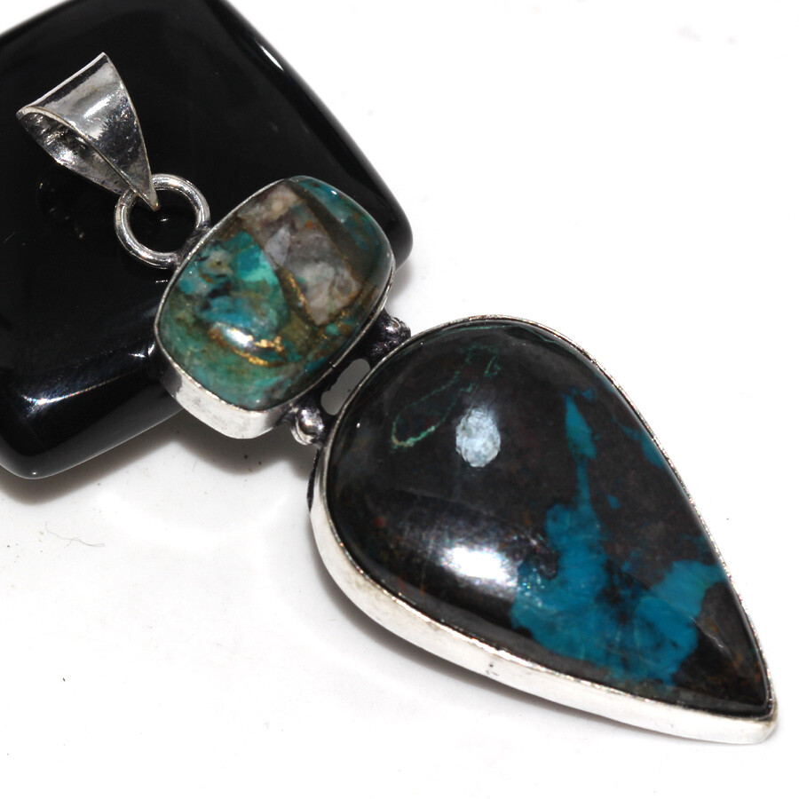 Shattuckite Copper Chrysocolla 925 Silver Plated Long Pendant 2.3