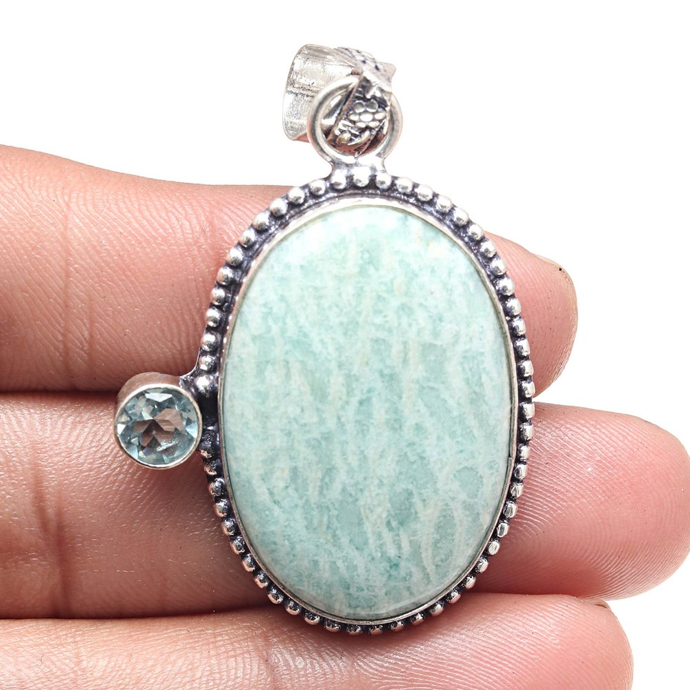 Amazonite Swiss Blue Gemstone Silver Pendant Valentine's Day Gift Jewelry 2 Inch