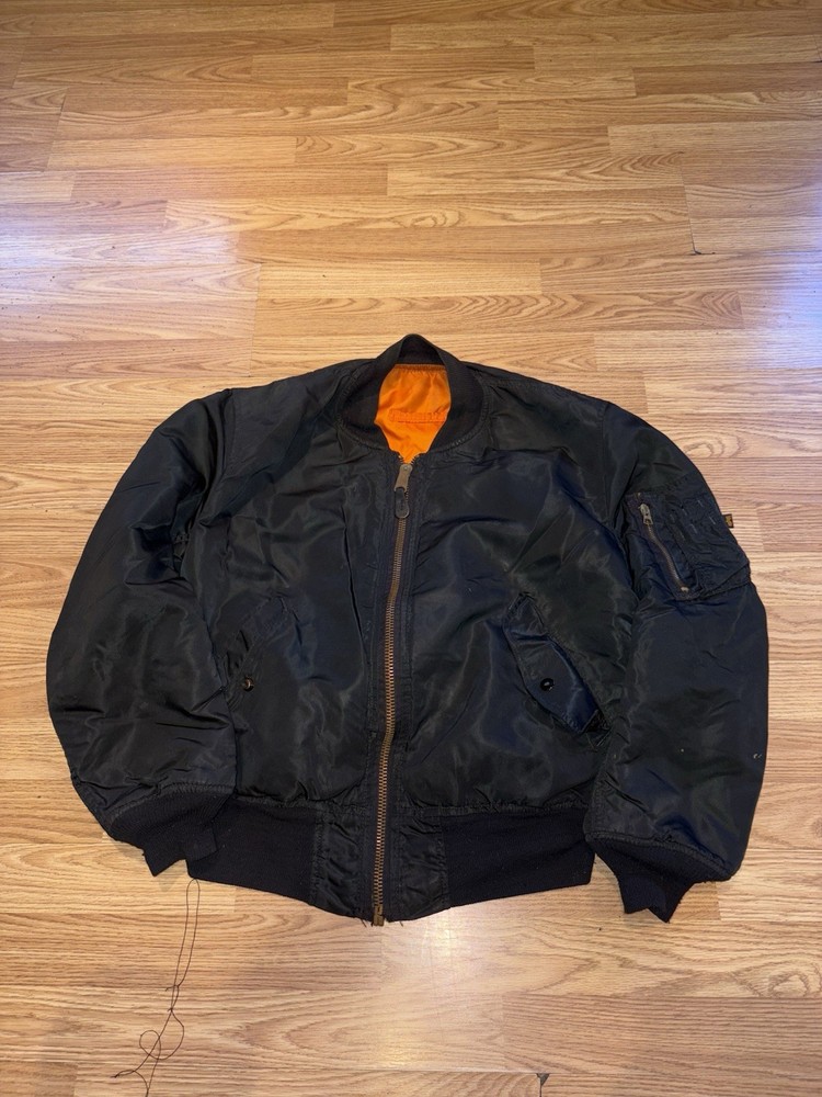 Alpha Industries Black MA-1 Nylon Flight Bomber Jacket Men's Medium Slim Fit
