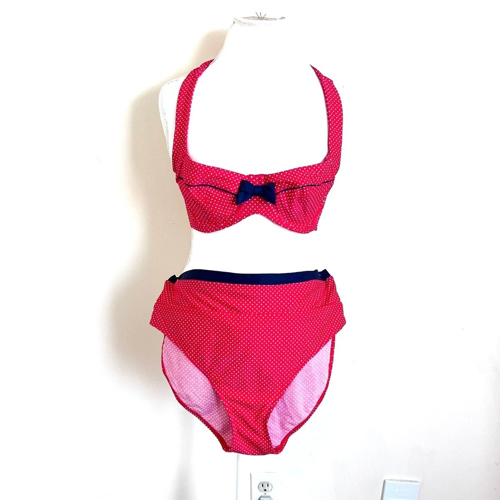 Panache Swim Pinup Halter Bikini Swimsuit Size 36D XL Red Polka Dot Retro 70s
