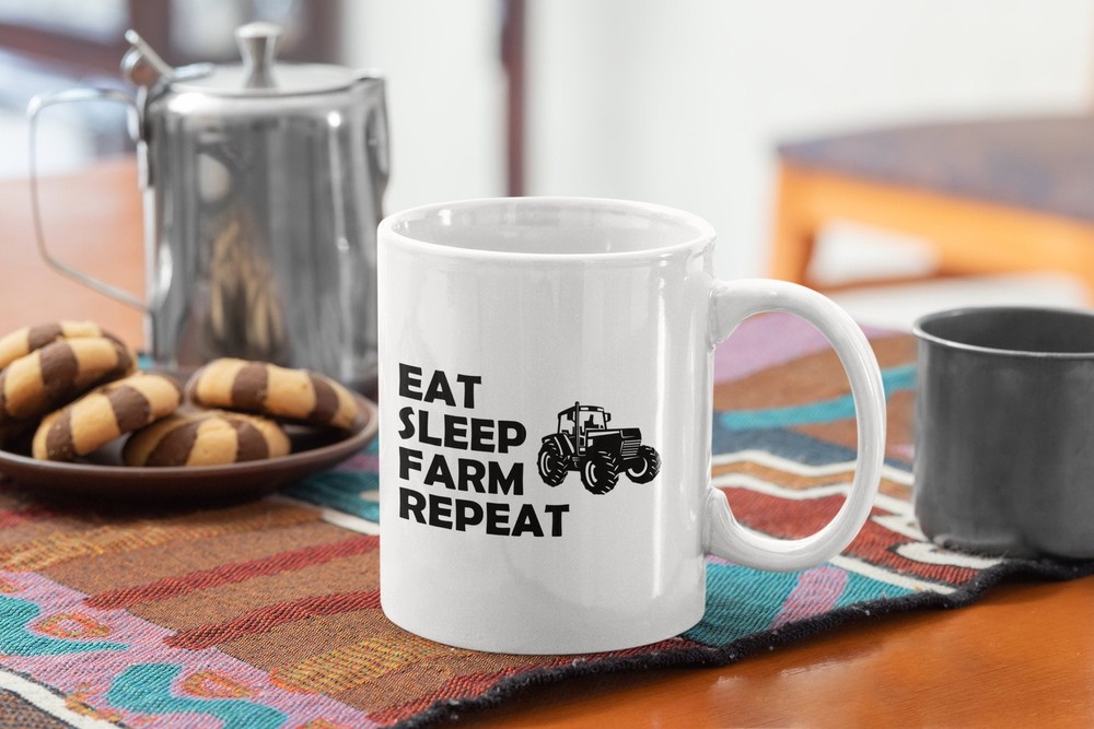 Farmer Funny Coffee Mug Eat Sleep Farm Repeat - White Coffee Mug