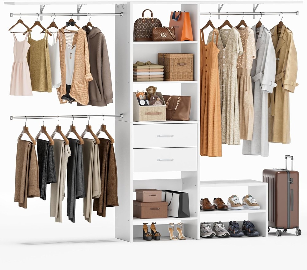 8FT Closet System with 3 Adjustabl Hanging Rods, Walk in Closet Organizer