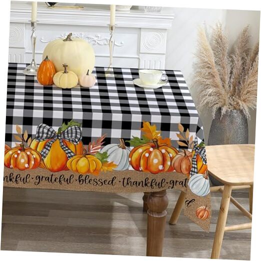 Black Plaid Pumpkin Thanksgiving Tablecloth 60x84 Inch Rectangle Fall Decor