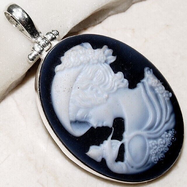 Italian Cameo Onyx White Lady 925 Sterling Silver Pendant Jewelry @B19-7