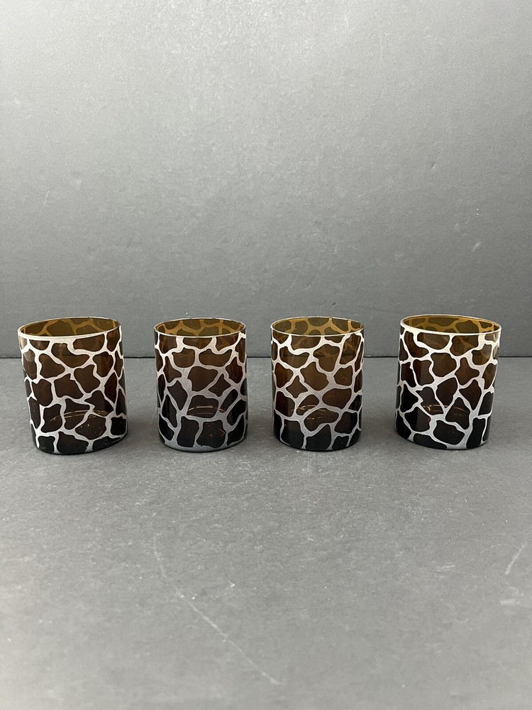 Pier 1 Etched Giraffe Print Amber Cocktail Glasses Set of 4