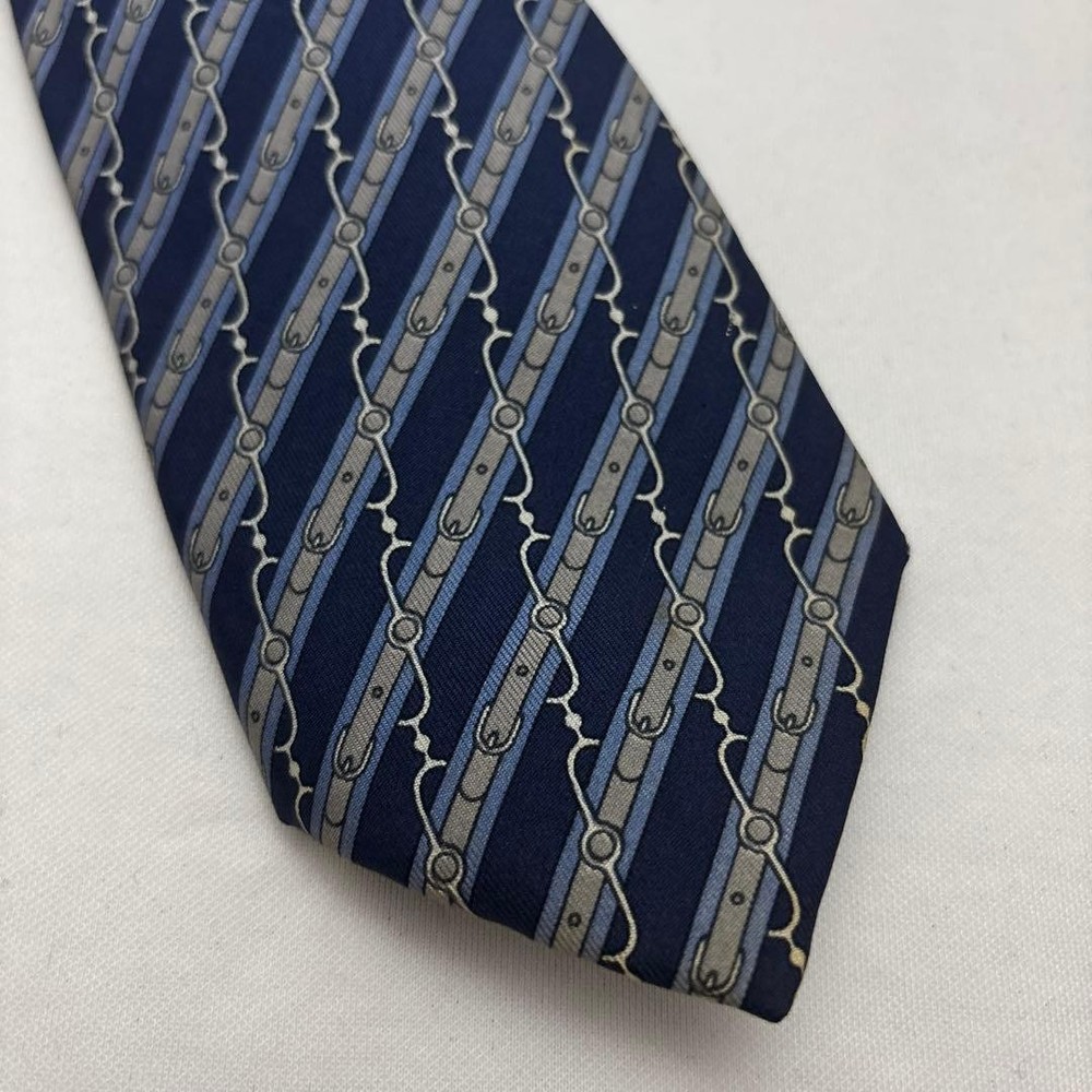 HERMES Necktie Tie All over belt pattern Striped pattern Navy 100% Silk Used
