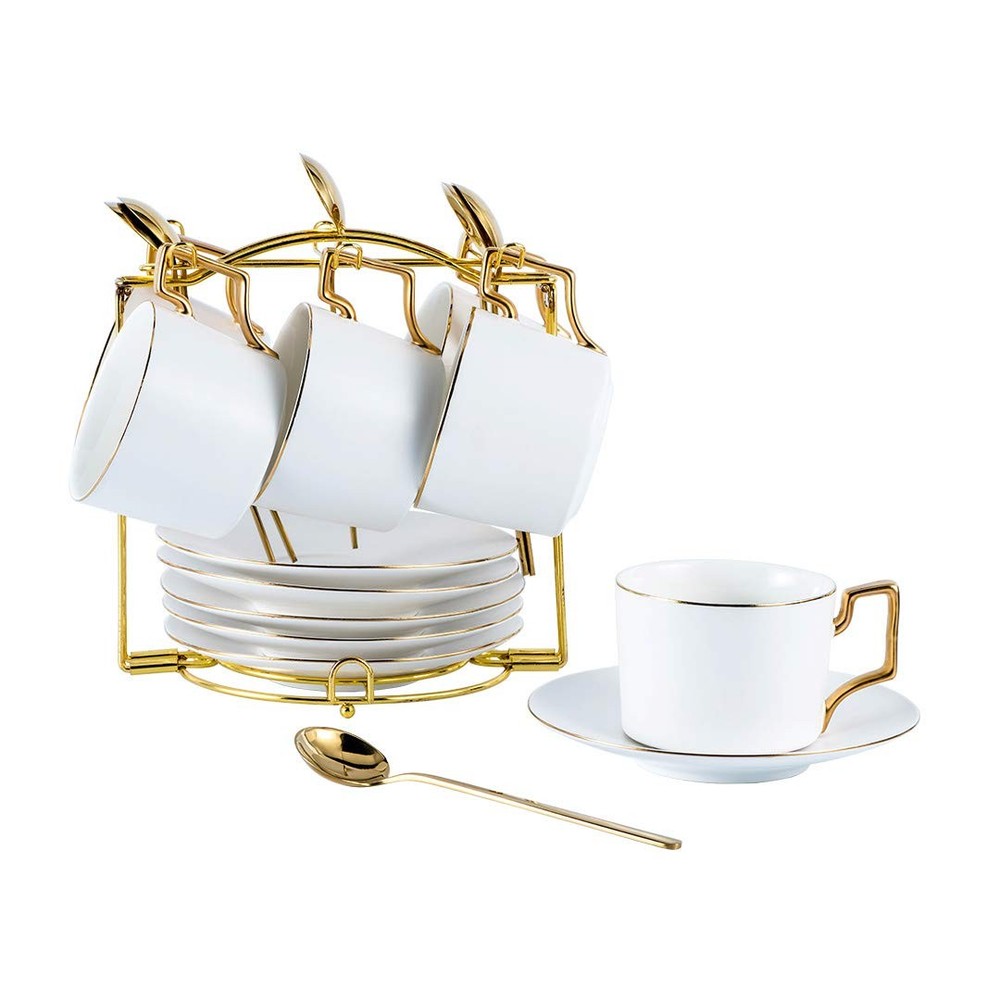 Ceramic Demitasse Espresso Cups Set with Saucers and Metal Stand 7 oz Porcelain Coffee Mugs  