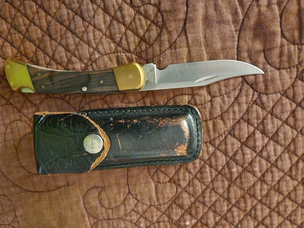 BUCK vintage 110 Folder With Original Leather Case. 420hc Steel Clip Point