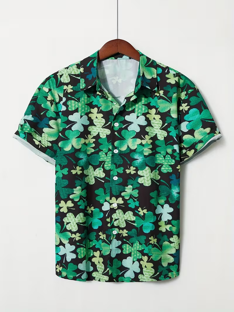 Clover Hawaiian Shirt Men's St Patrick's Day Short Sleeve Aloha Beach Top