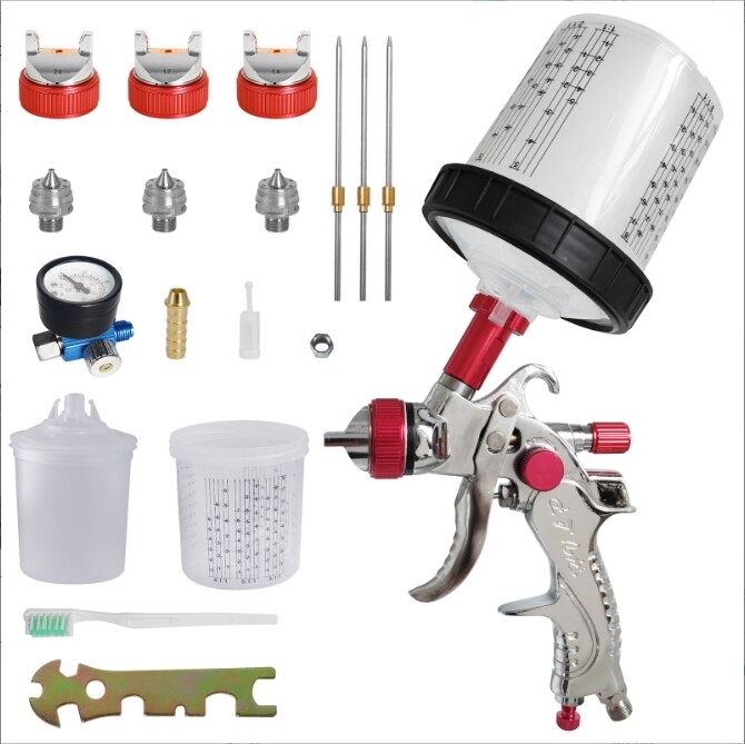 Air Spray Gun1.4/1.7/2.0mm Nozzles & Air Regulator, 2008 Paint Guns red
