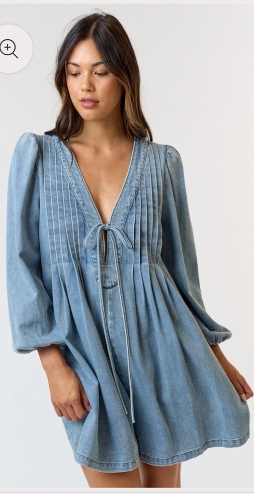 Lalavon Women Blue Romper S NWOT Front Tie Oversize Puff Sleeve Denim
