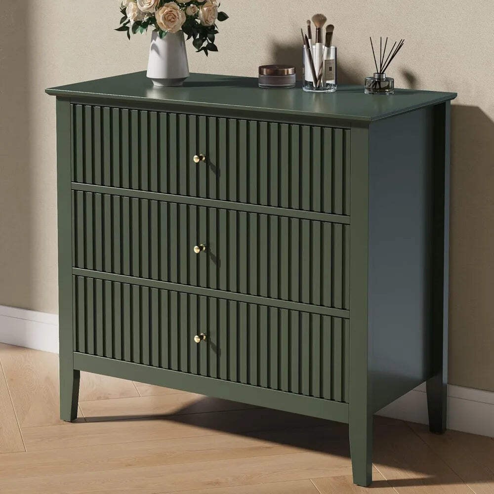 Green Fluted 3 Drawer Dresser Modern Wood Chest for Bedroom Living Room