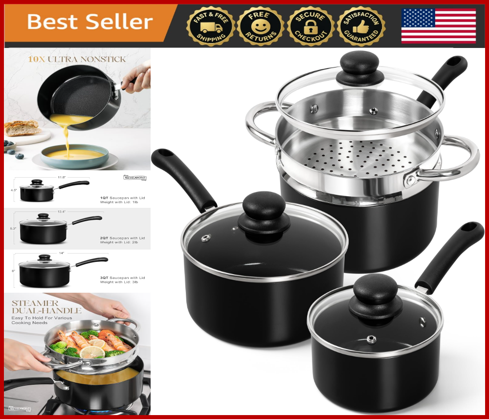 Nonstick Ceramic Saucepan Set with Lid and Steamer – Easy-Clean 1QT 2QT 3QT Pots  