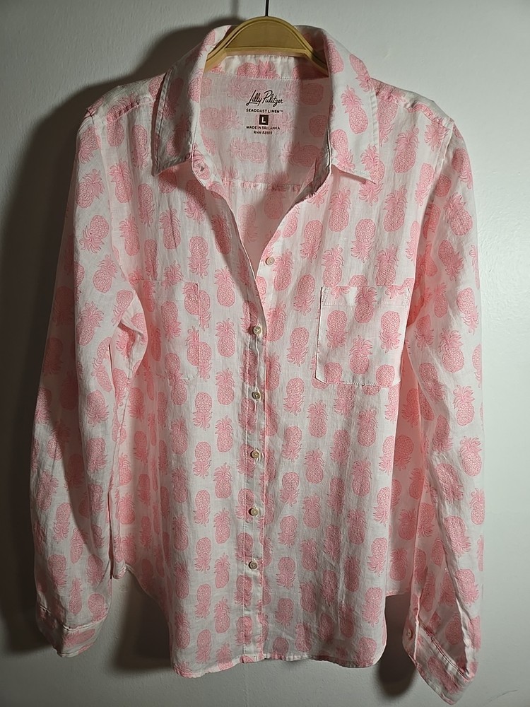NWOT Lilly Pulitzer Seacoast Linen Button Down Shirt Blouse Size L Pink White