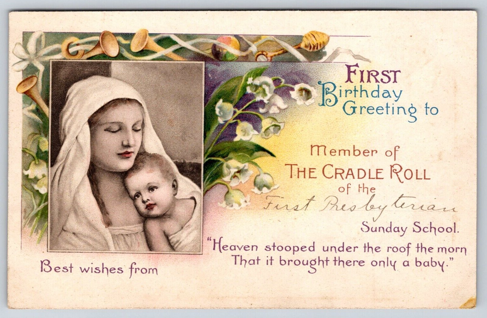 Vintage Old Antique Postcard First Birthday Greeting The Cradle Roll Mother Baby
