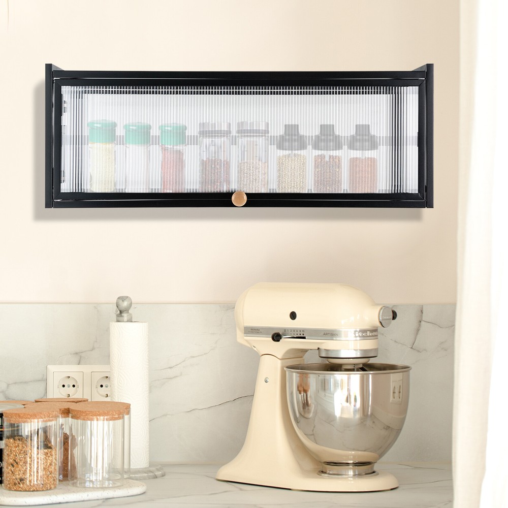 Wall-Mounted Flip-Up Door Kitchen Cabinet with Translucent Strip Storage