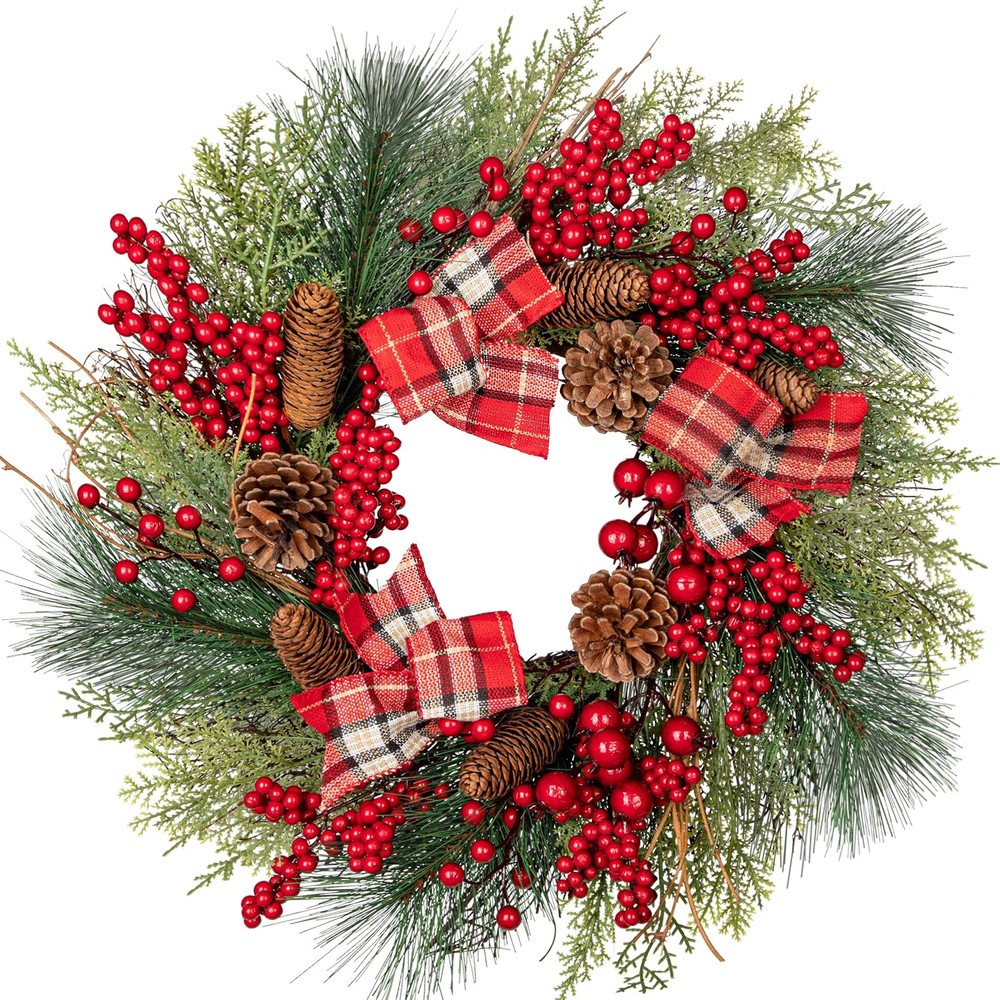 20-Inch Artificial Christmas Wreath with Red Berries Pine Cones Cedar Pine Decor