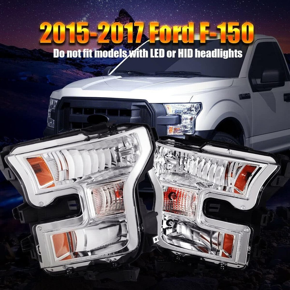Chrome Clear Headlights For 2015 2016 2017 Ford F-150 Amber Reflector Headlamps