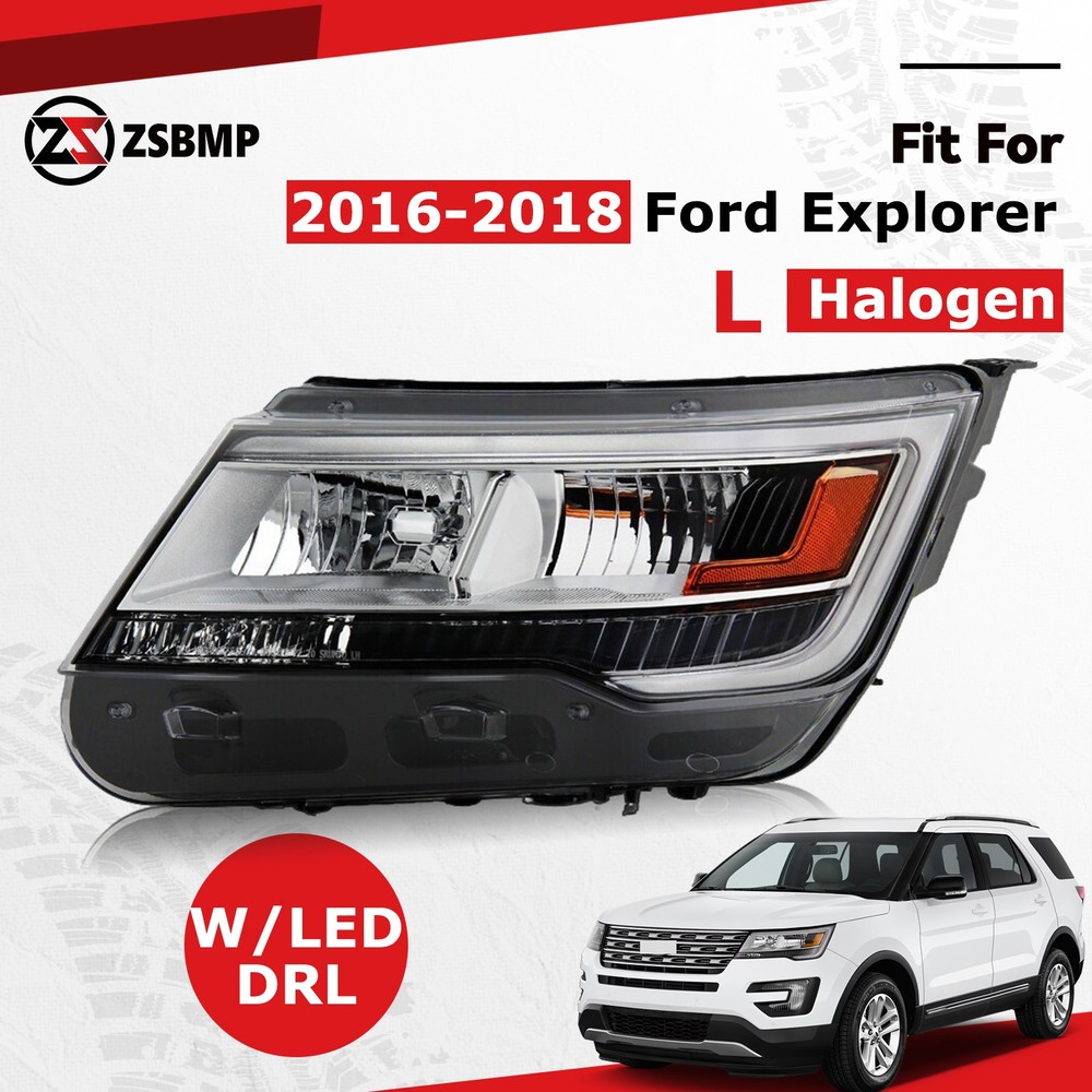 Halogen Headlight For 2016-2018 Ford Explorer Limited/XLT w/ LED DRL Left Driver