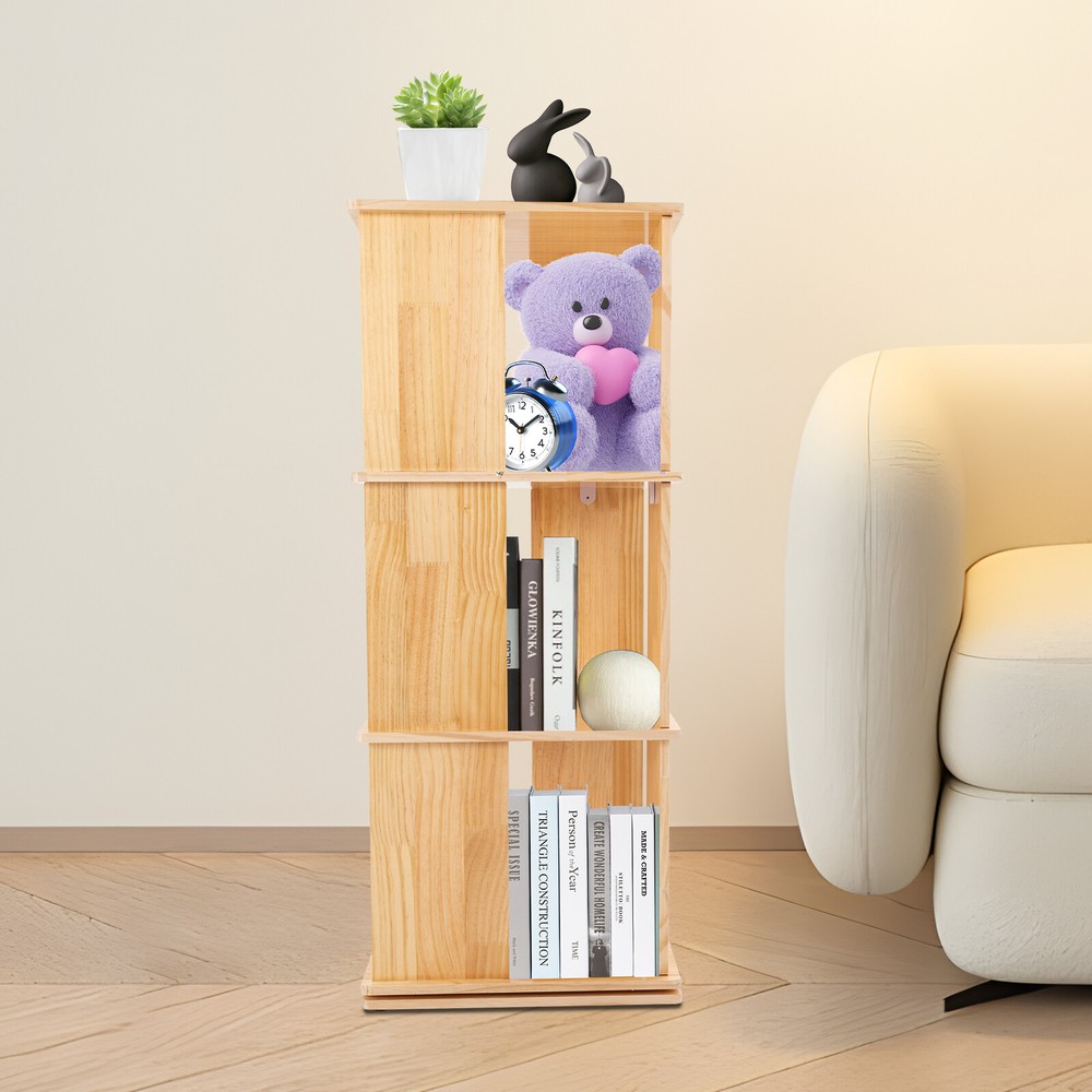 3 Tier 360 Rotating Wood Bookcase Floor Standing Display Storage Rack