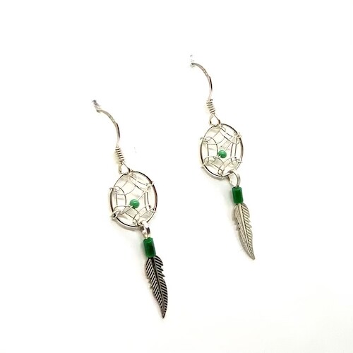 Sterling Silver Dream Catcher Earrings with Feathers and Green Beads