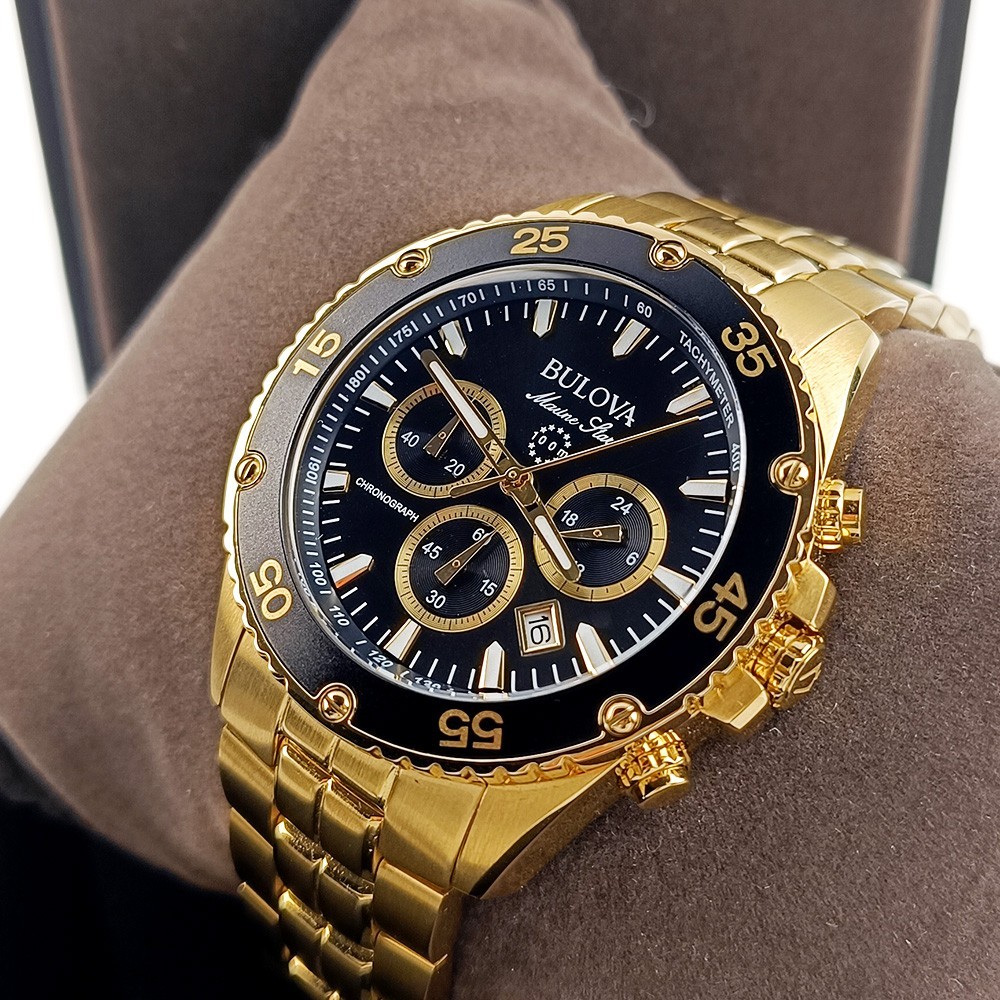 Men's Bulova Marine Star 98B406 Black Dial Gold Stainless Steel Quartz Watch
