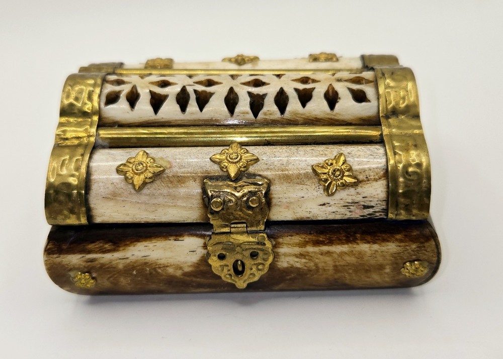 Vintage Domed Lid Trinket Box with Ornate Bone Brass & Wood Design from India  