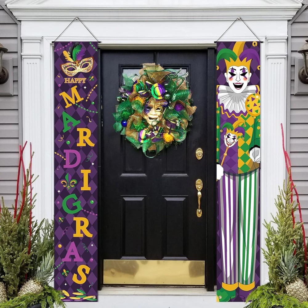 Mardi Gras Door Banner Porch Signs Decoration New Orleans Front Door Wreath W...