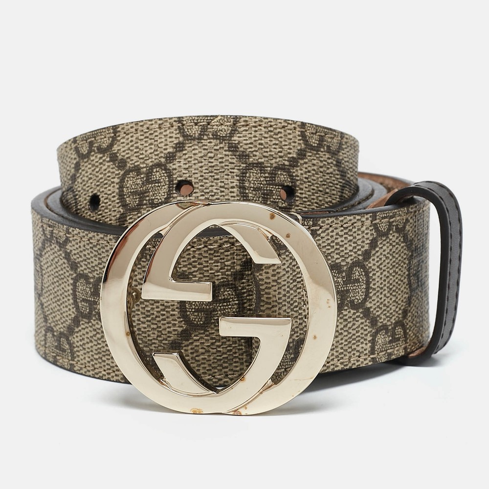 Gucci GG Supreme Canvas Belt with Interlocking G Buckle in Beige 80CM